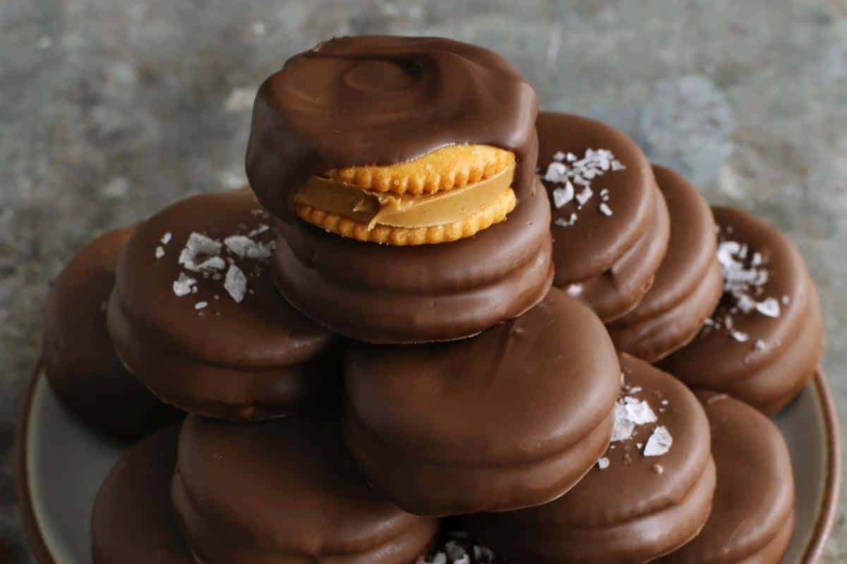 chocolate covered ritz in a pile