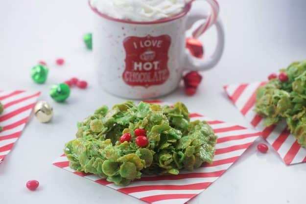 cornflake wreaths on red and white paper.