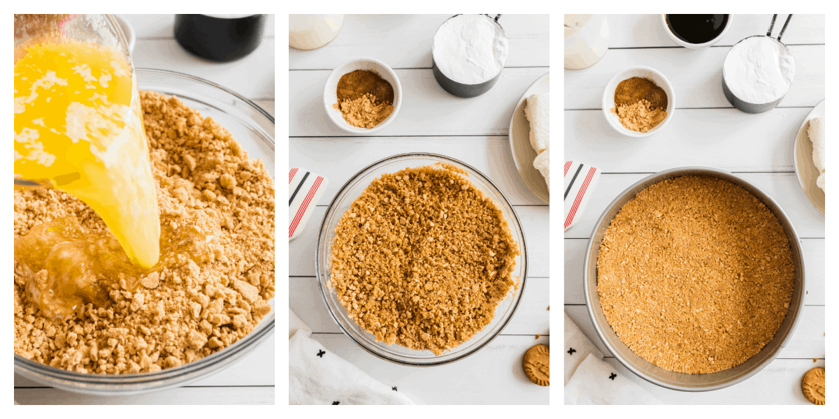 collage of photos showing how to make graham cracker crust.