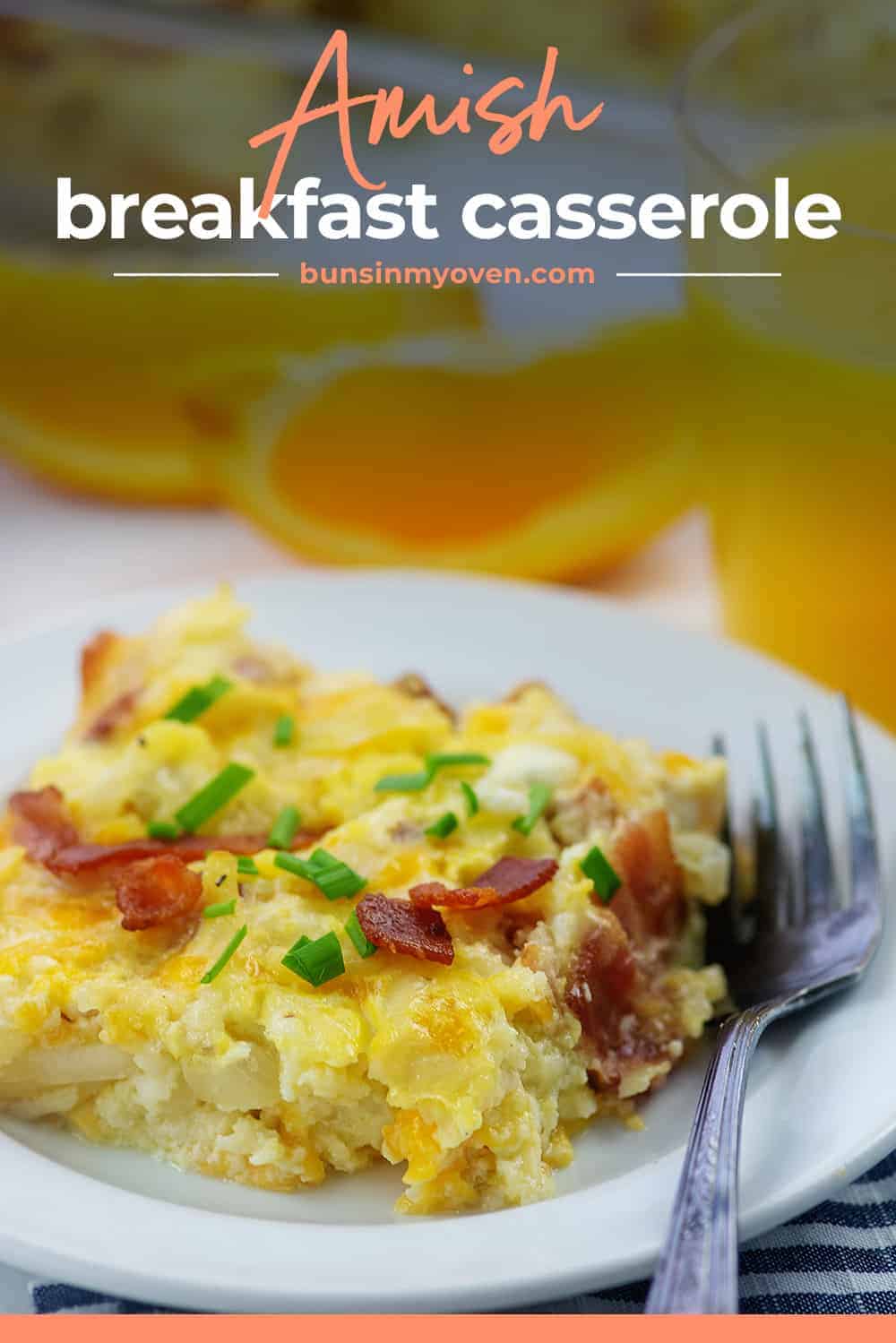 Amish breakfast casserole on white plate.