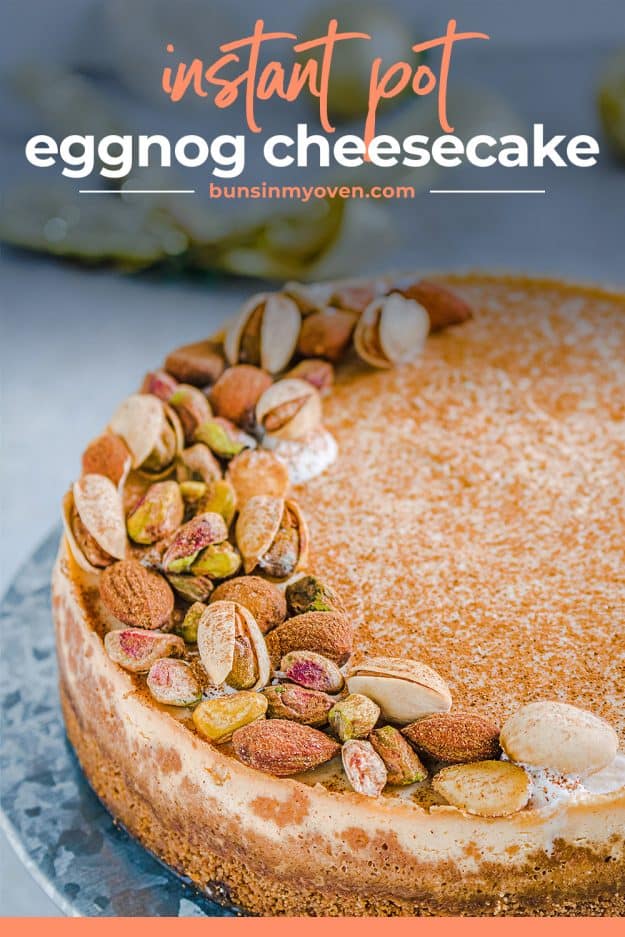 eggnog cheesecake topped with nutmeg and nuts.