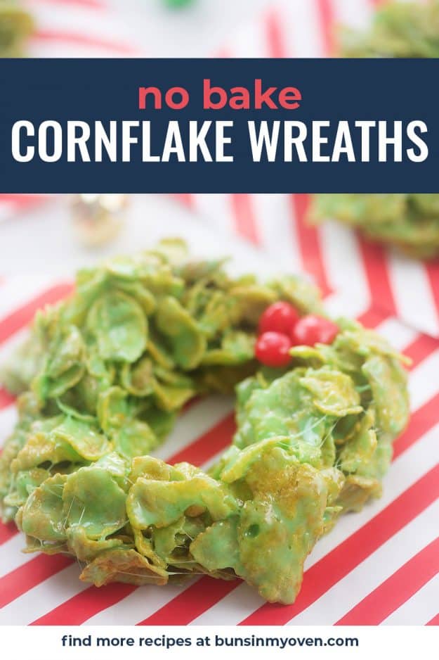 no bake cornflake wreaths on red and white striped paper.