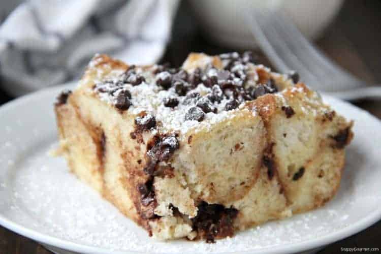 overnight french toast casserole on white plate.