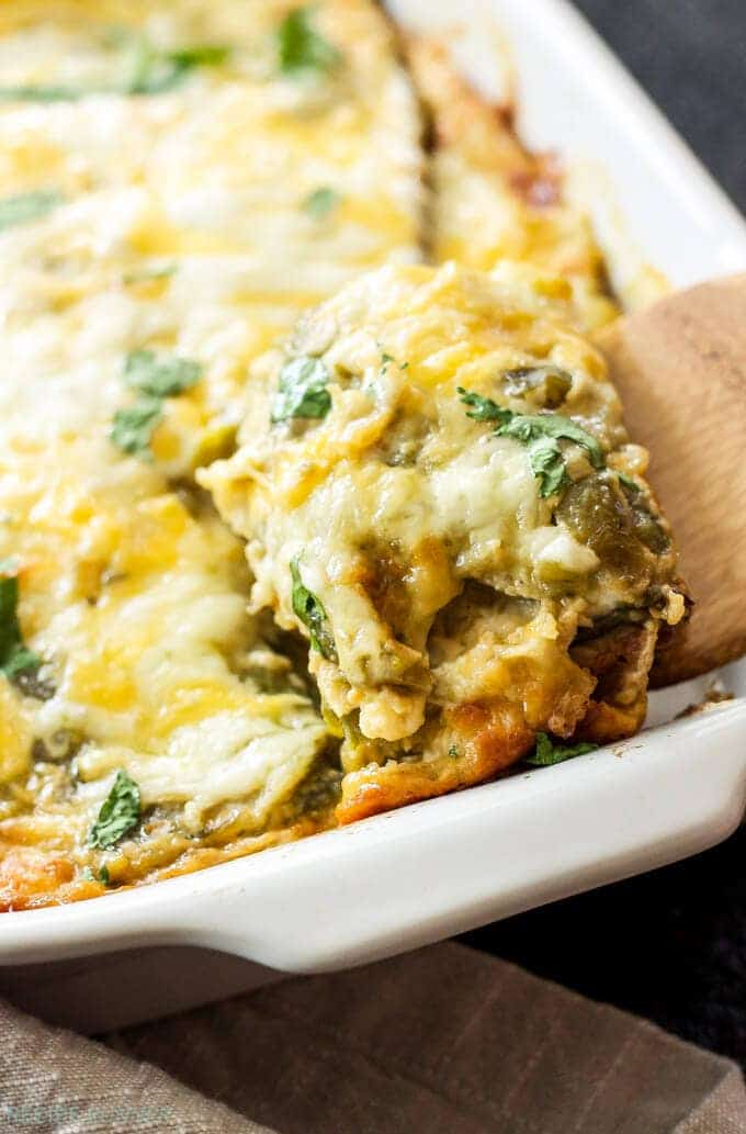 chili rellenos casserole on wooden spoon.