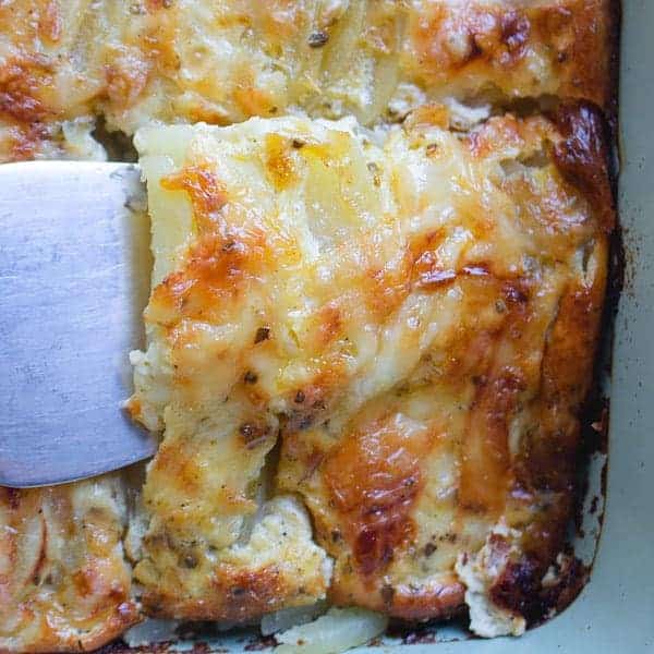 potato egg casserole in baking dish.