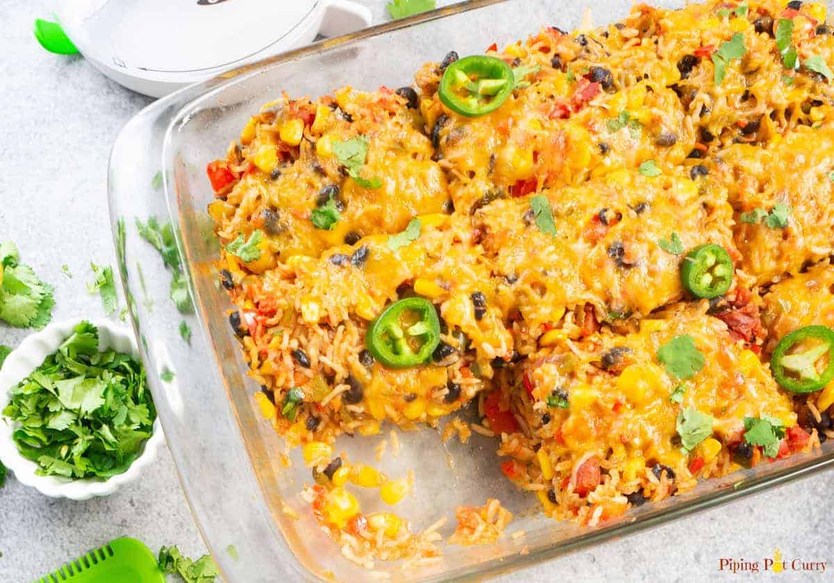 mexican casserole with rice in glass baking dish.