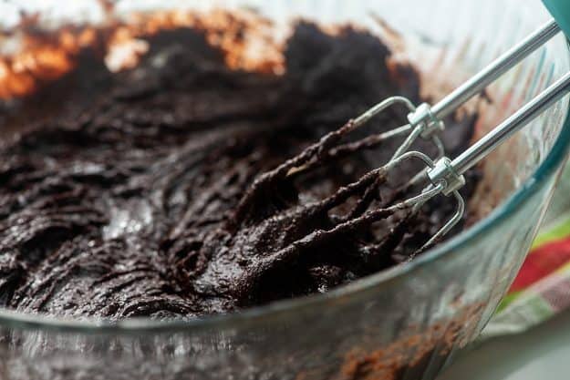 chocolate cookie batter in mixing bowl.