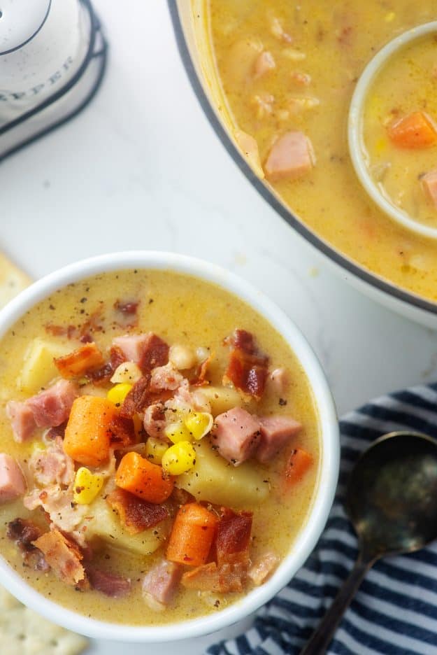 overhead view of ham and corn soup recipe.