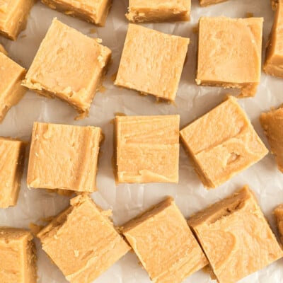 peanut butter fudge recipe cut into squares.