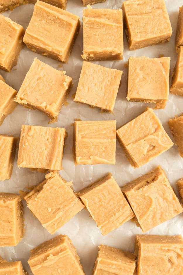 peanut butter fudge recipe cut into squares.
