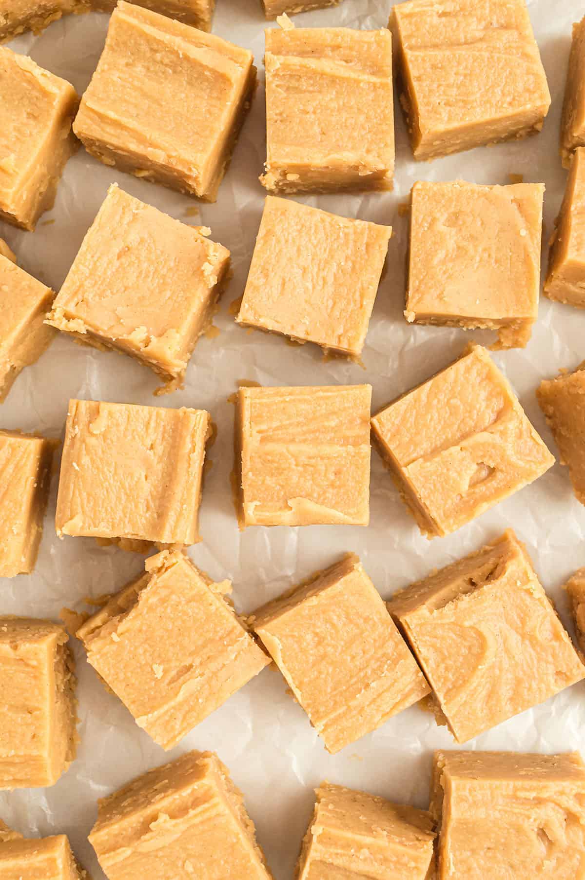 peanut butter fudge recipe cut into squares.