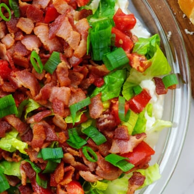 overhead view of BLT dip in pie plate.