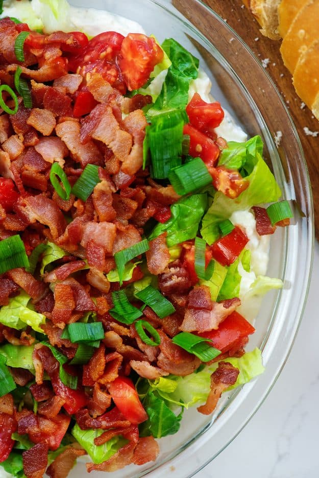 overhead view of BLT dip in pie plate.