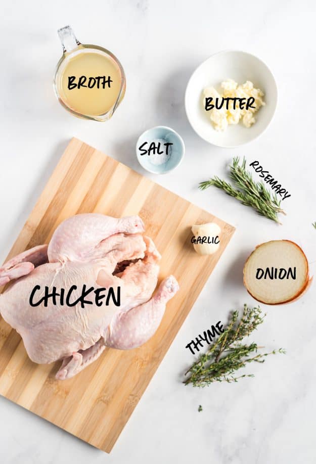 A top down view of all the ingredients in this recipe including the raw chicken, herbs, seasoning, butter, broth, and onion.