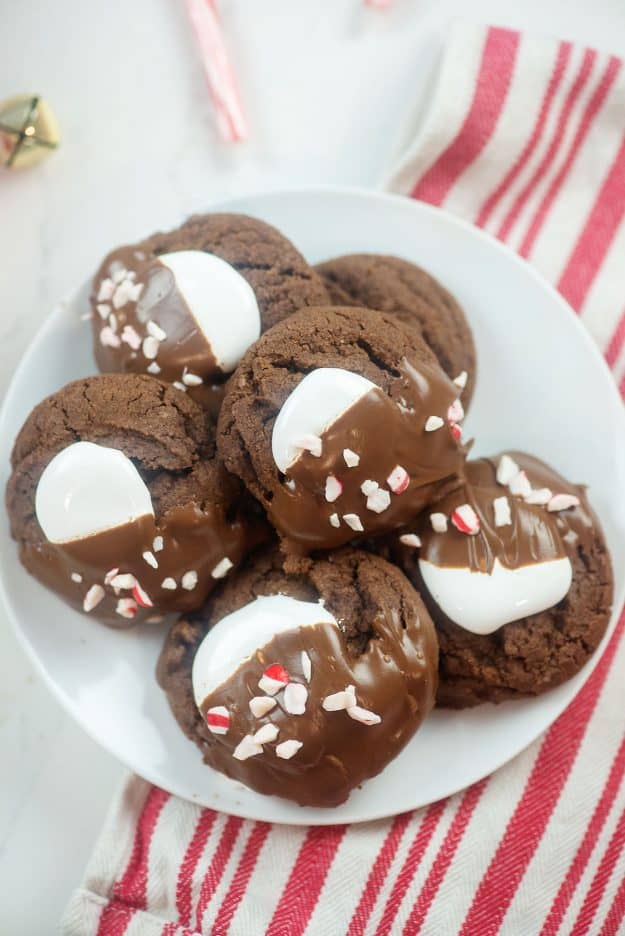 overhead view of peppermint chocolate cookies on white plate.