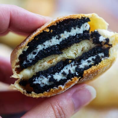 hand holding an air fryer oreo cookie.