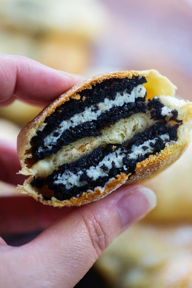 hand holding an air fryer oreo cookie.