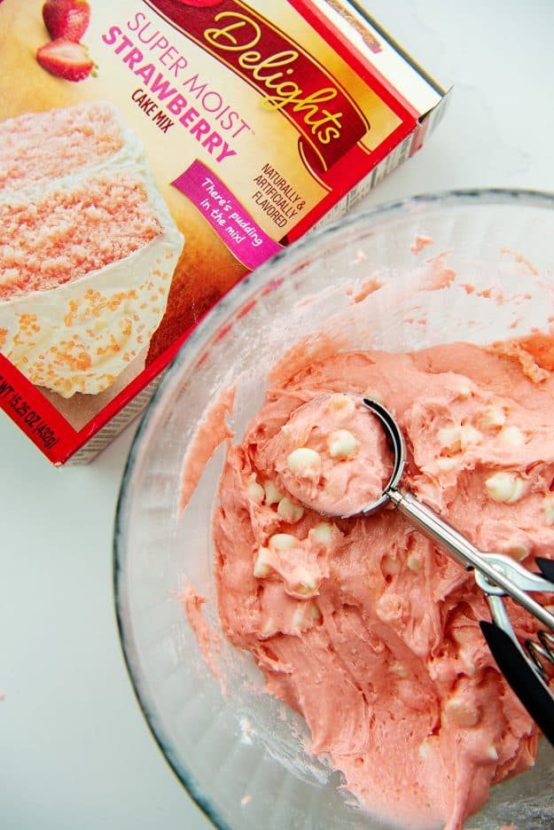 overhead view of cookie dough in glass bowl.