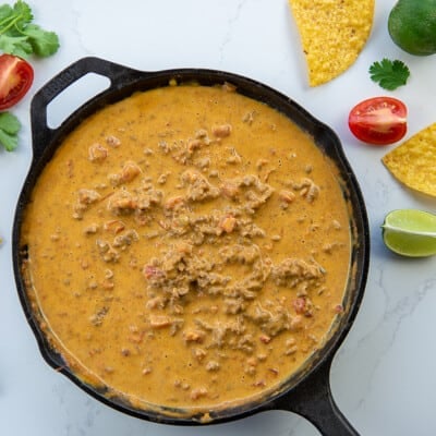 rotel dip recipe in cast iron skillet.