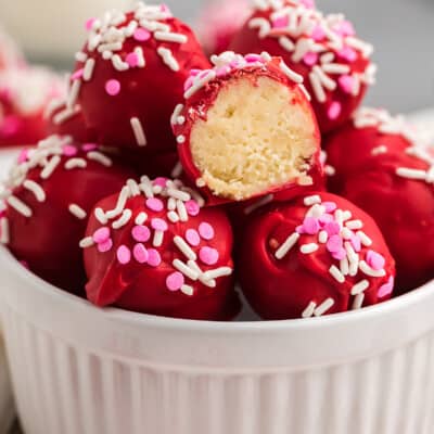 Sugar cookie truffles in white bowl