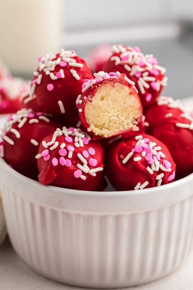 Sugar cookie truffles in white bowl 