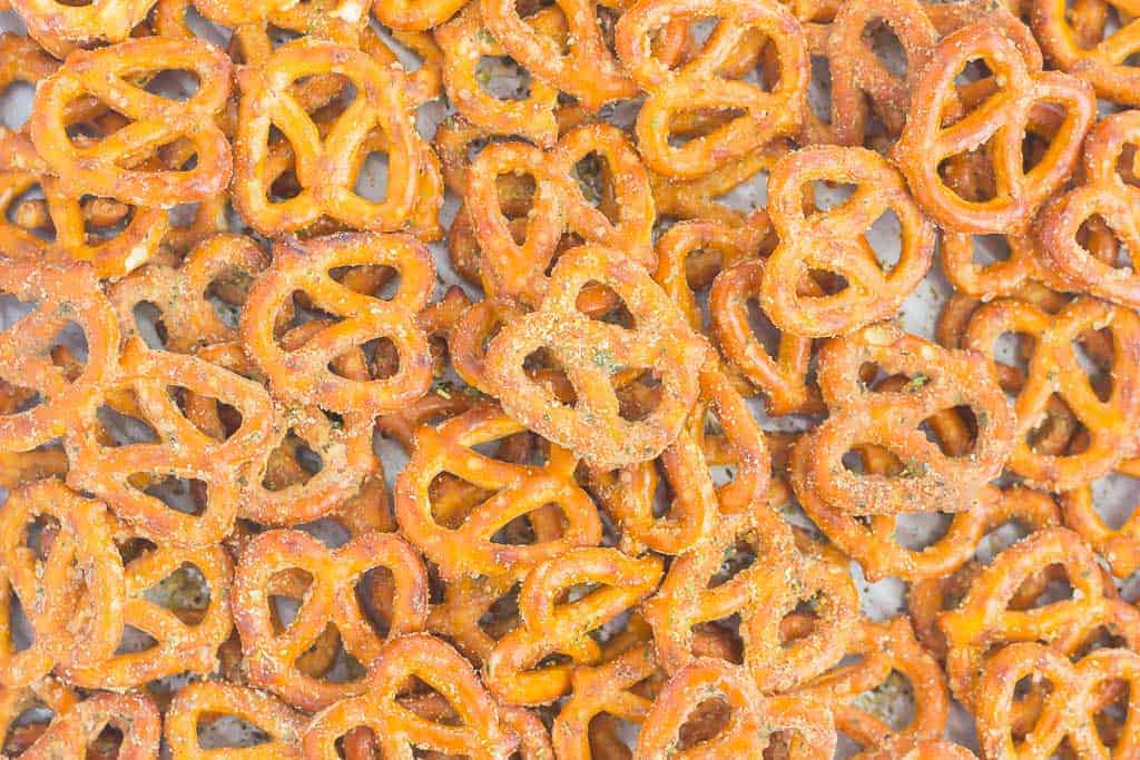 Close up of garlic ranch pretzels.