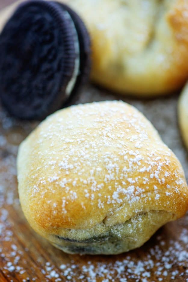 air fried oreo cookie topped with powdered sugar.