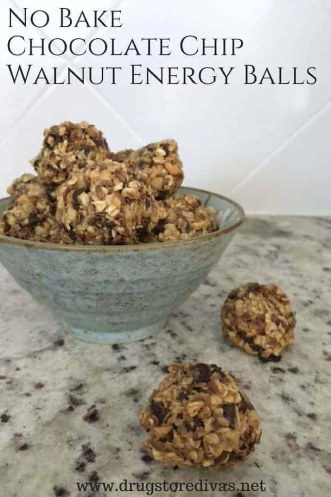 No bake chocolate chip walnut energy balls in a ceramic bowl.