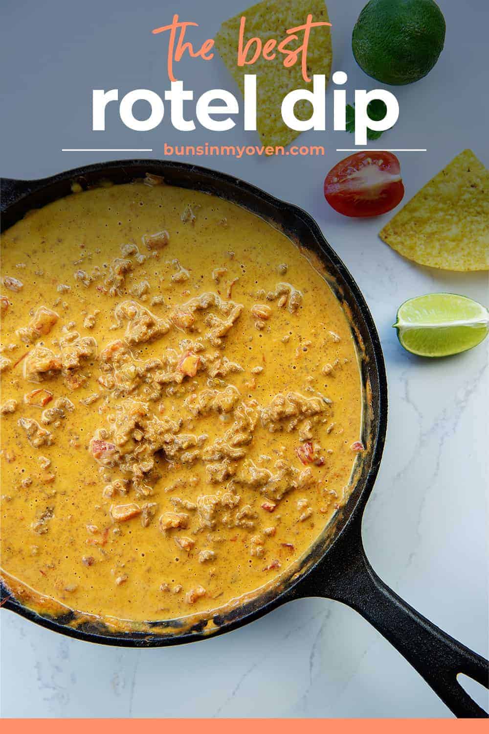 overhead view of rotel dip with beef in cast iron skillet.