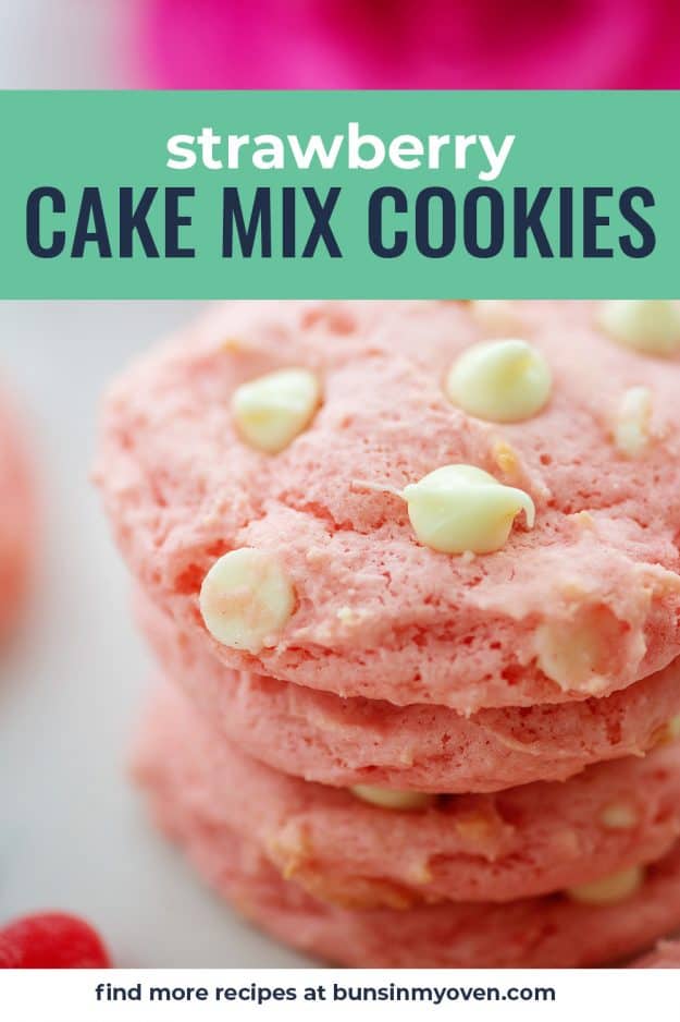 stack of strawberry cake mix cookies.