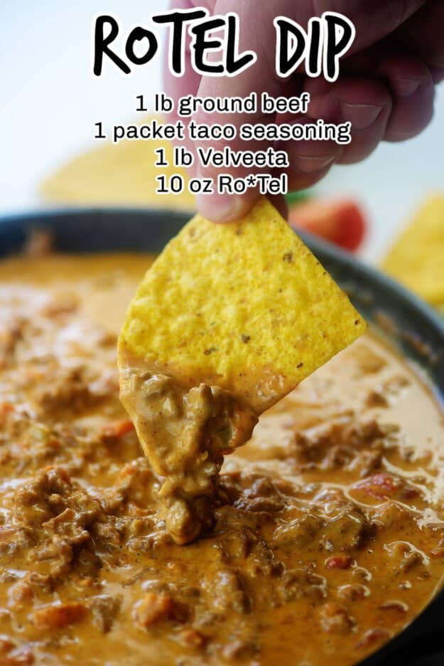 ingredients on image of chip being dipped in rotel dip.