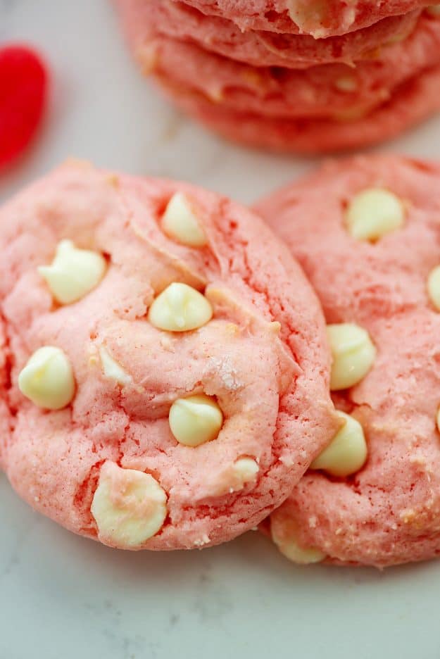 close up view of strawberry cake mix cookies.