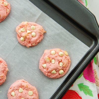 strawberry cake mix cookies on baking sheet.