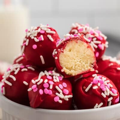 sugar cookie truffles in white bowl.