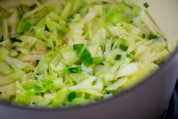 cooked cabbage in white pot.