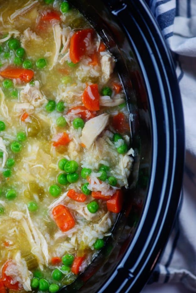 chicken and rice soup in crockpot.