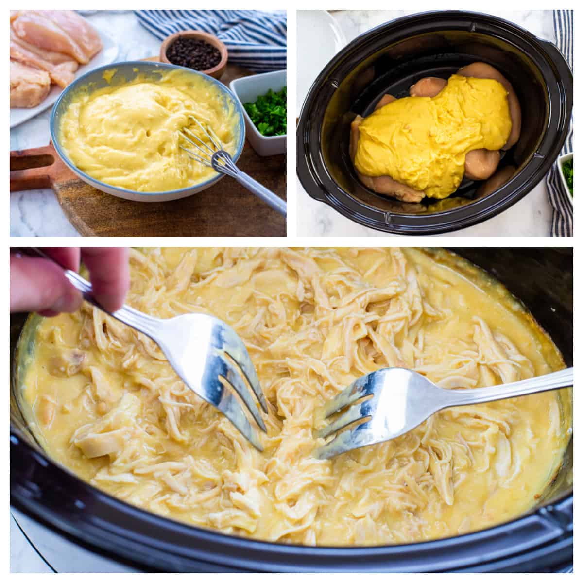 Collage showing how to make crockpot chicken and gravy recipe.