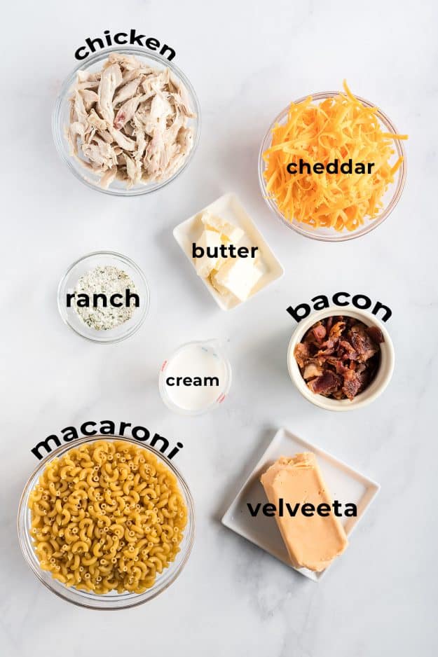 overhead view of ingredients for bacon mac and cheese.