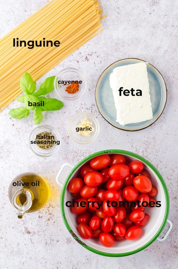 overhead view of ingredients for feta pasta recipe.