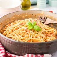 pasta recipe in brown bowl.