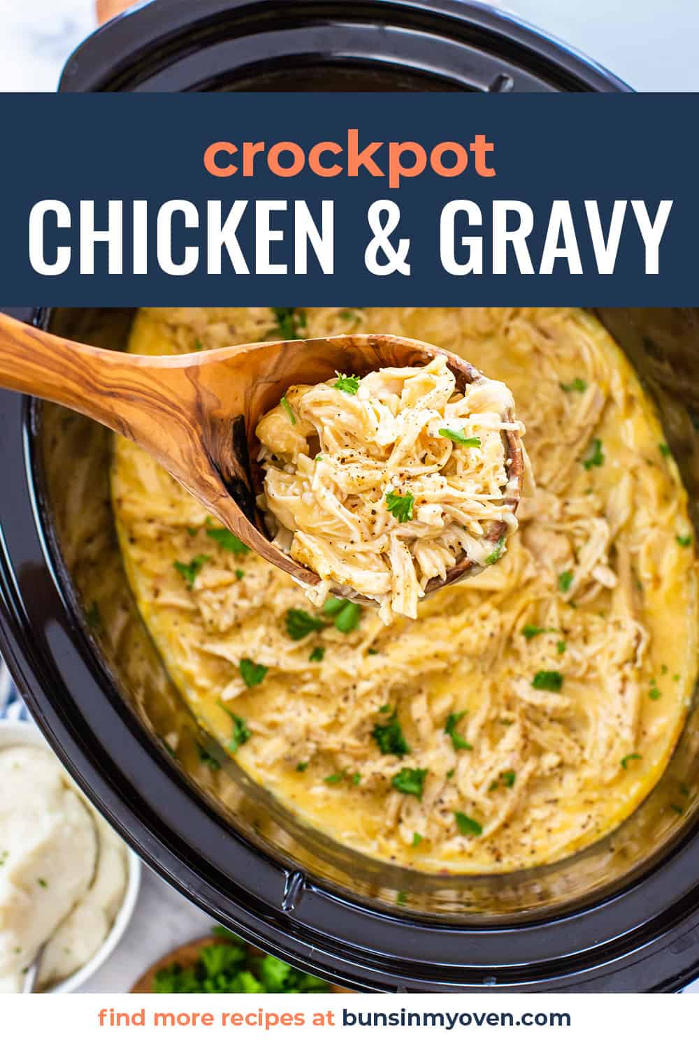 Chicken and gravy in crockpot.