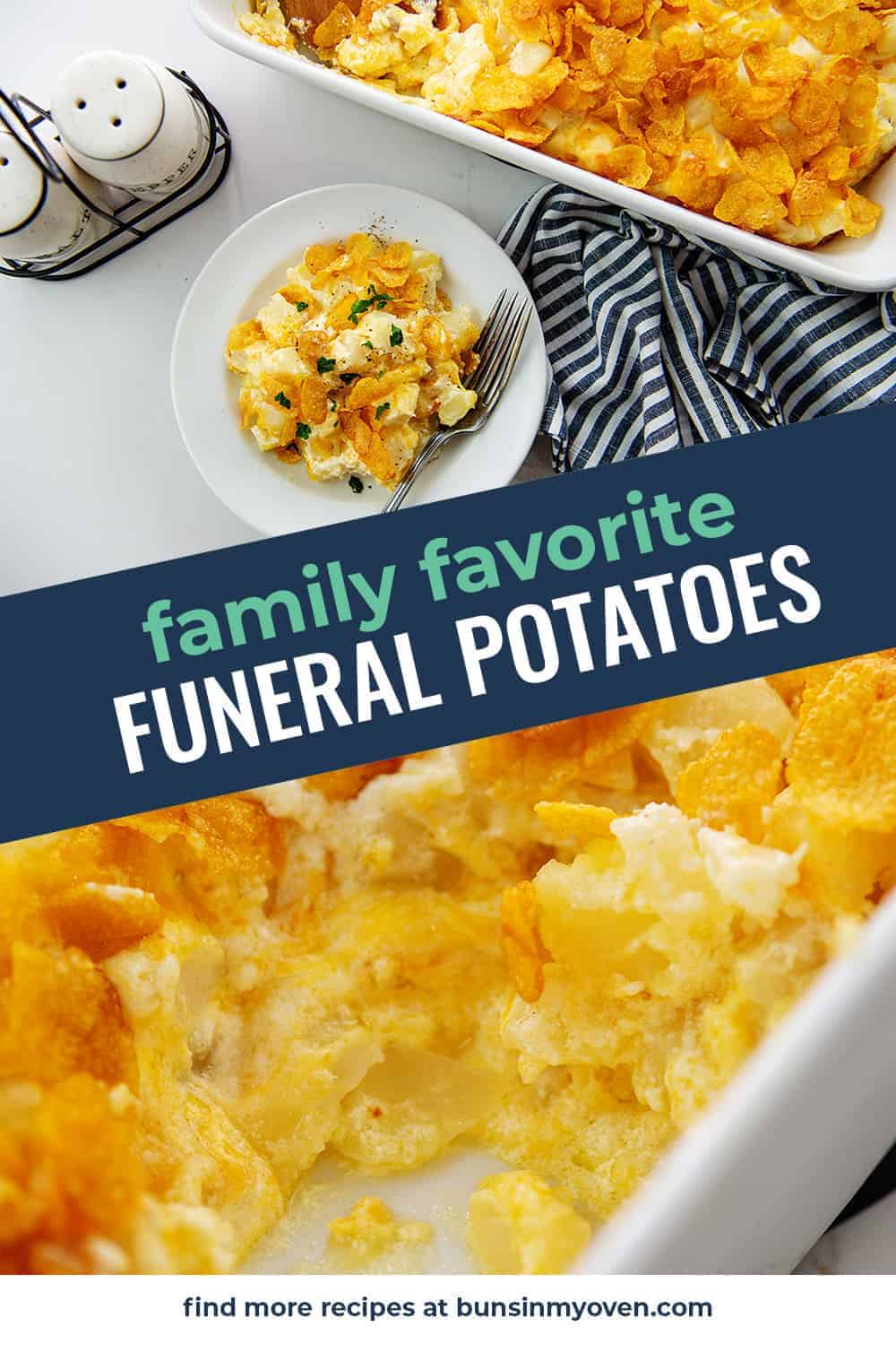collage of funeral potatoes recipe.