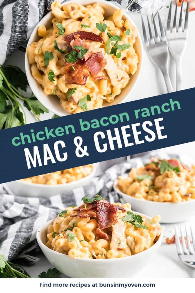 chicken bacon ranch mac and cheese image collage.