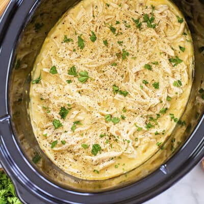 Chicken and gravy in slow cooker.