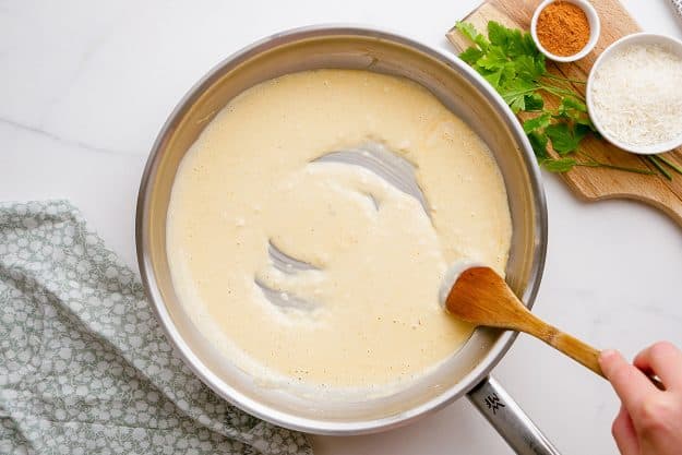 cream sauce in skillet.