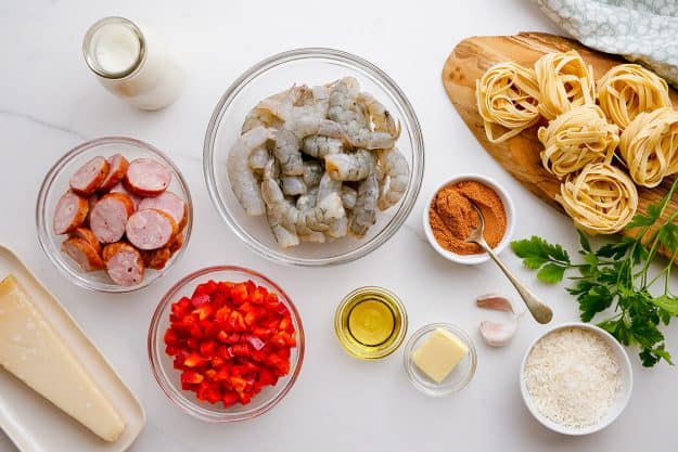ingredients for cajun shrimp and sausage pasta recipe.
