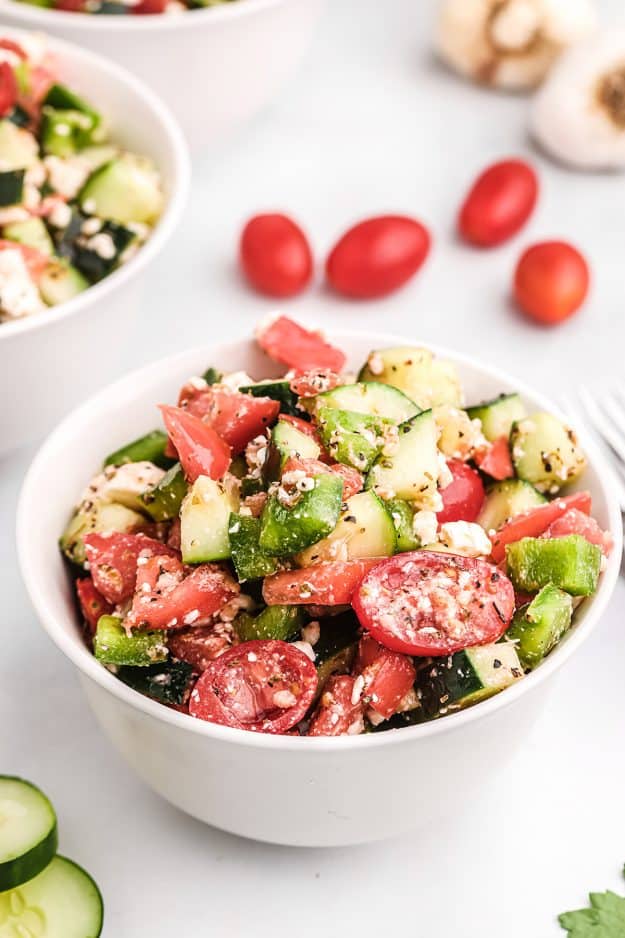 vegetable salad in white bowl.