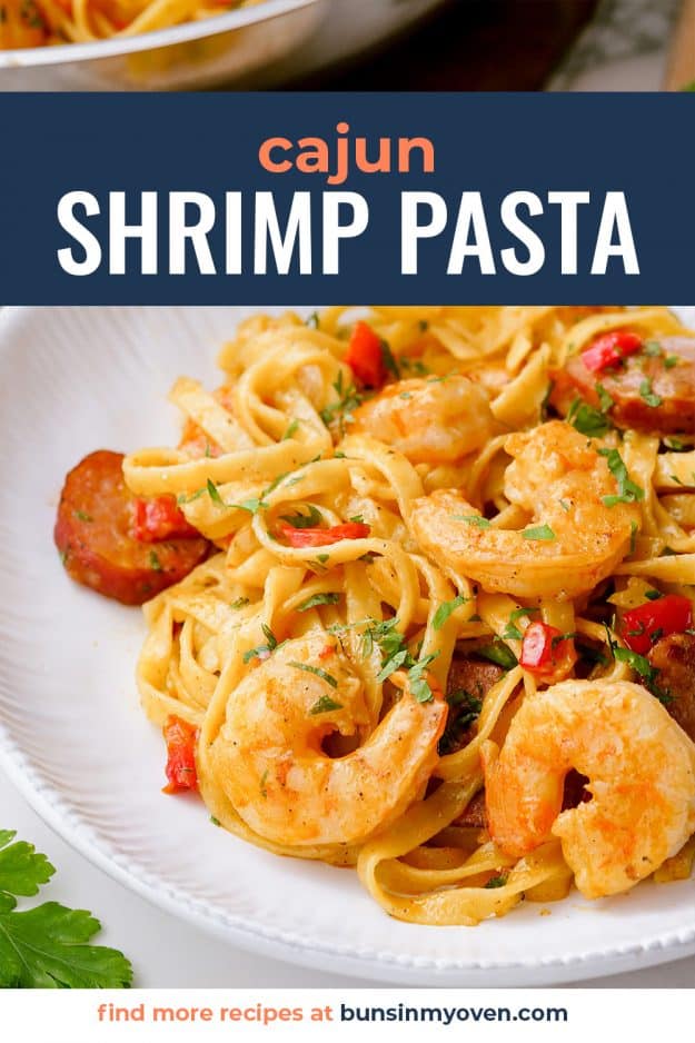 Cajun Shrimp Pasta on white plate.