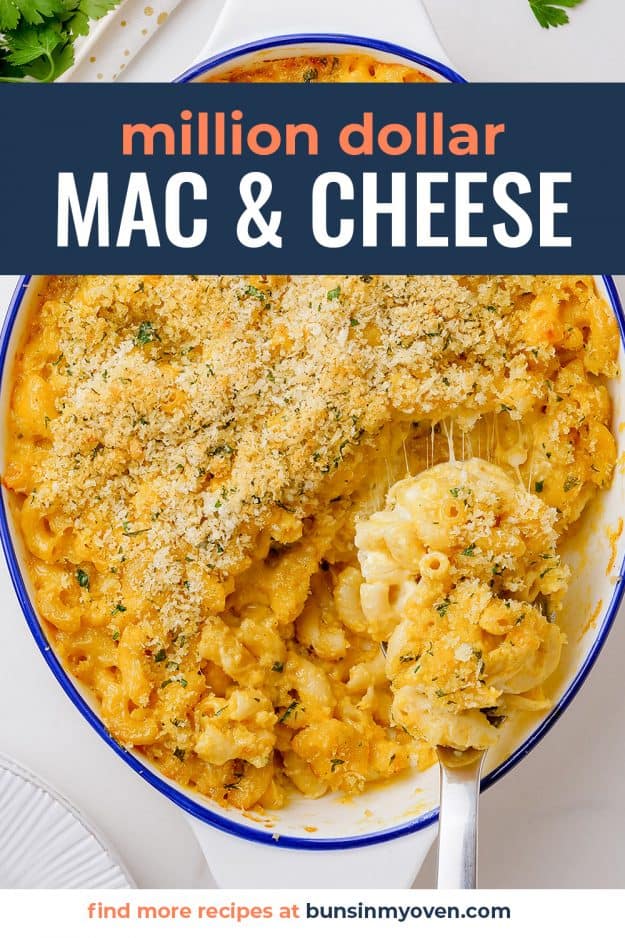 mac and cheese casserole in white baking dish.