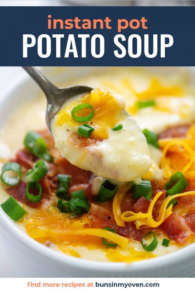 thick potato soup on soup spoon.